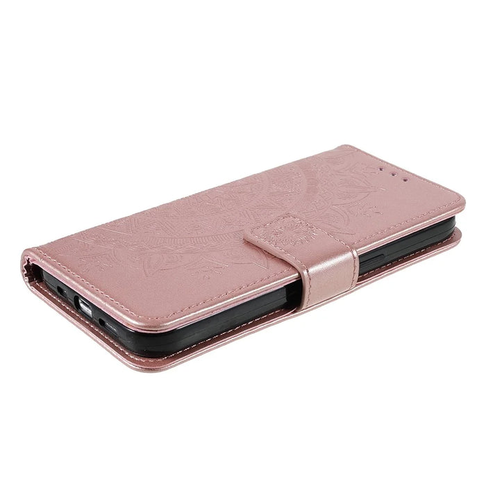 Imprinted Mandala Totem Pattern PU Leather Wallet Cover Slim Magnetic Shockproof Flip Case with Strap for iPhone 13 mini 5.4 inch - Rose Gold - 4