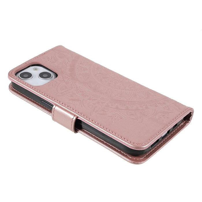 Imprinted Mandala Totem Pattern PU Leather Wallet Cover Slim Magnetic Shockproof Flip Case with Strap for iPhone 13 mini 5.4 inch - Rose Gold - 5