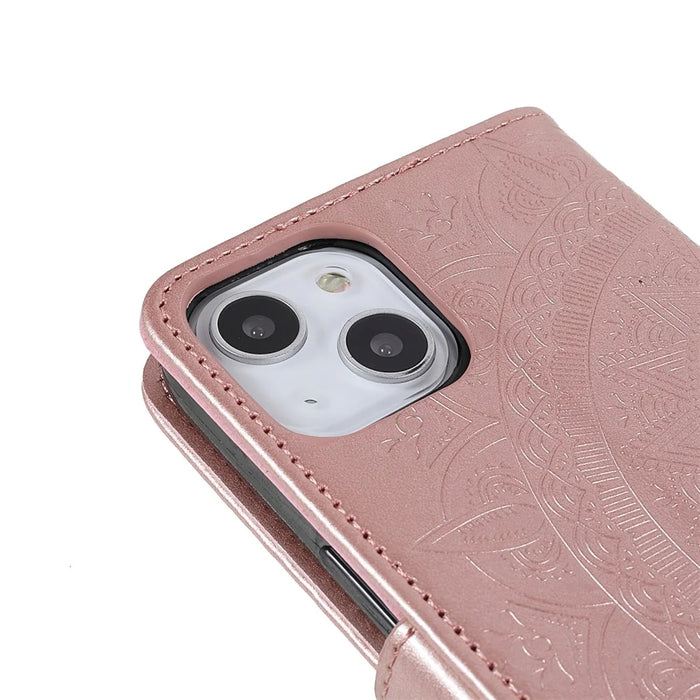 Imprinted Mandala Totem Pattern PU Leather Wallet Cover Slim Magnetic Shockproof Flip Case with Strap for iPhone 13 mini 5.4 inch - Rose Gold - 6