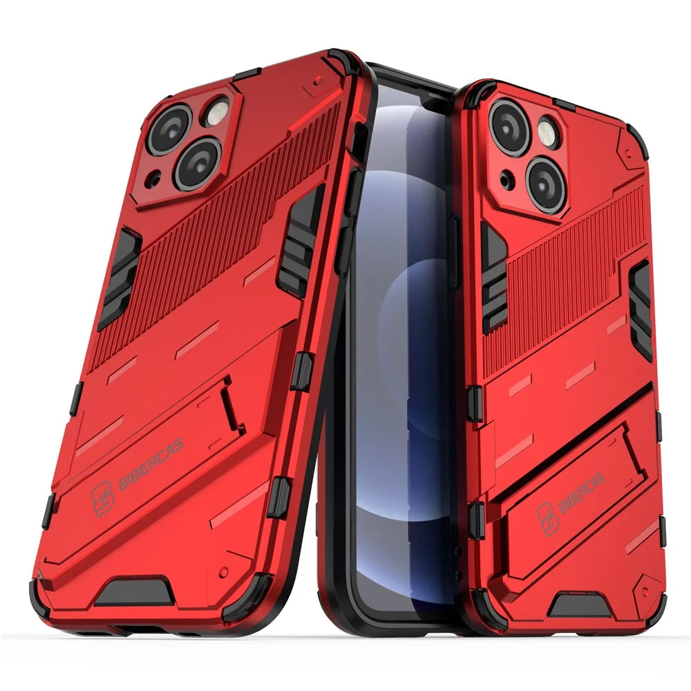 Military Grade Kickstand Hard PC Soft TPU Rugged Heavy Duty Dual Layer Phone Case for iPhone 13 mini 5.4 inch - Red - 1