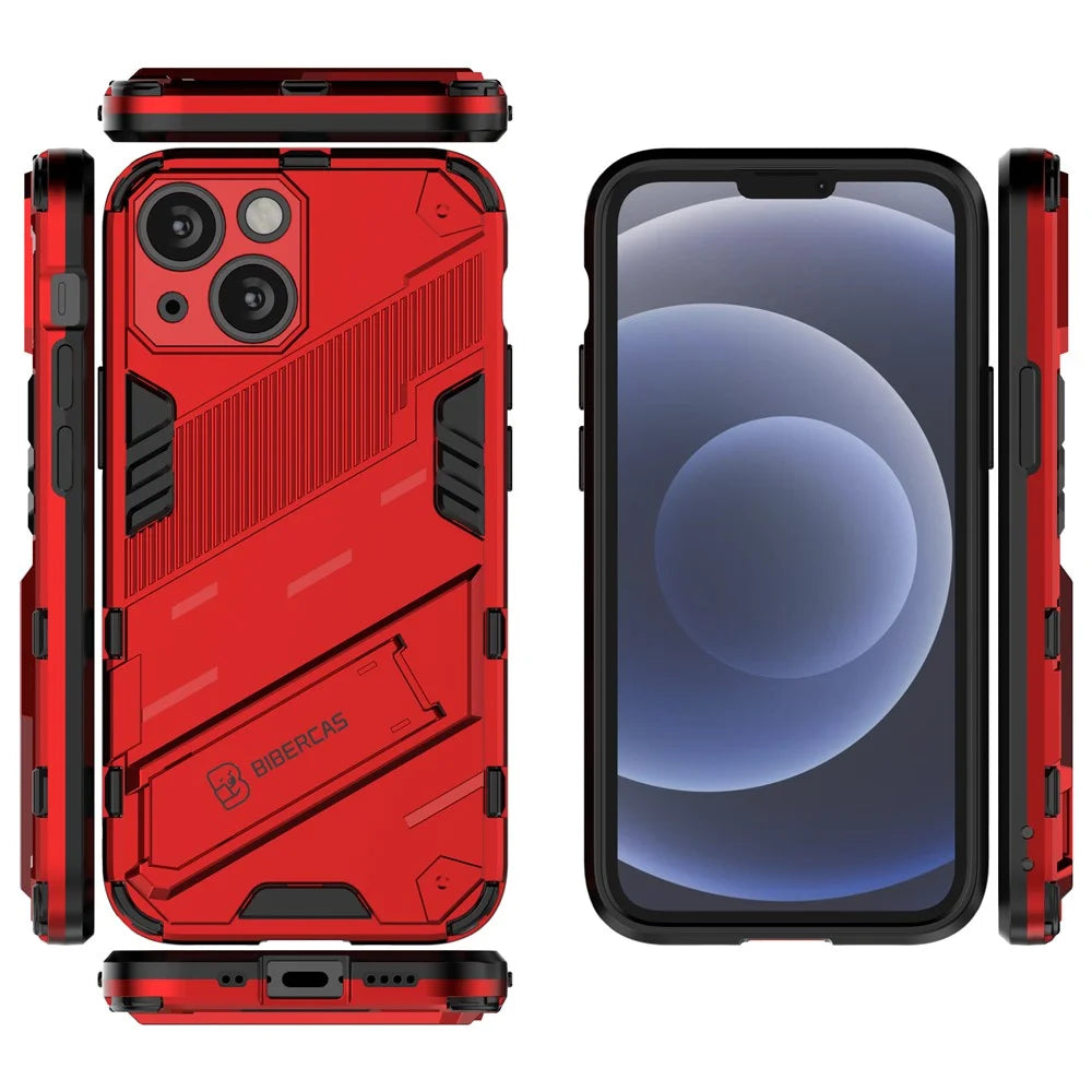 Military Grade Kickstand Hard PC Soft TPU Rugged Heavy Duty Dual Layer Phone Case for iPhone 13 mini 5.4 inch - Red - 6
