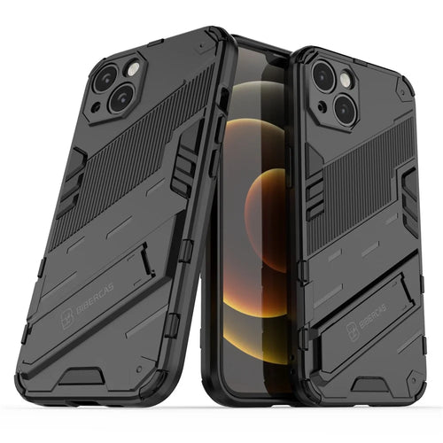 Kickstand Hybrid Dual Layer Hard PC Soft TPU Shockproof Protective Case for iPhone 13 6.1 inch - Black - 1
