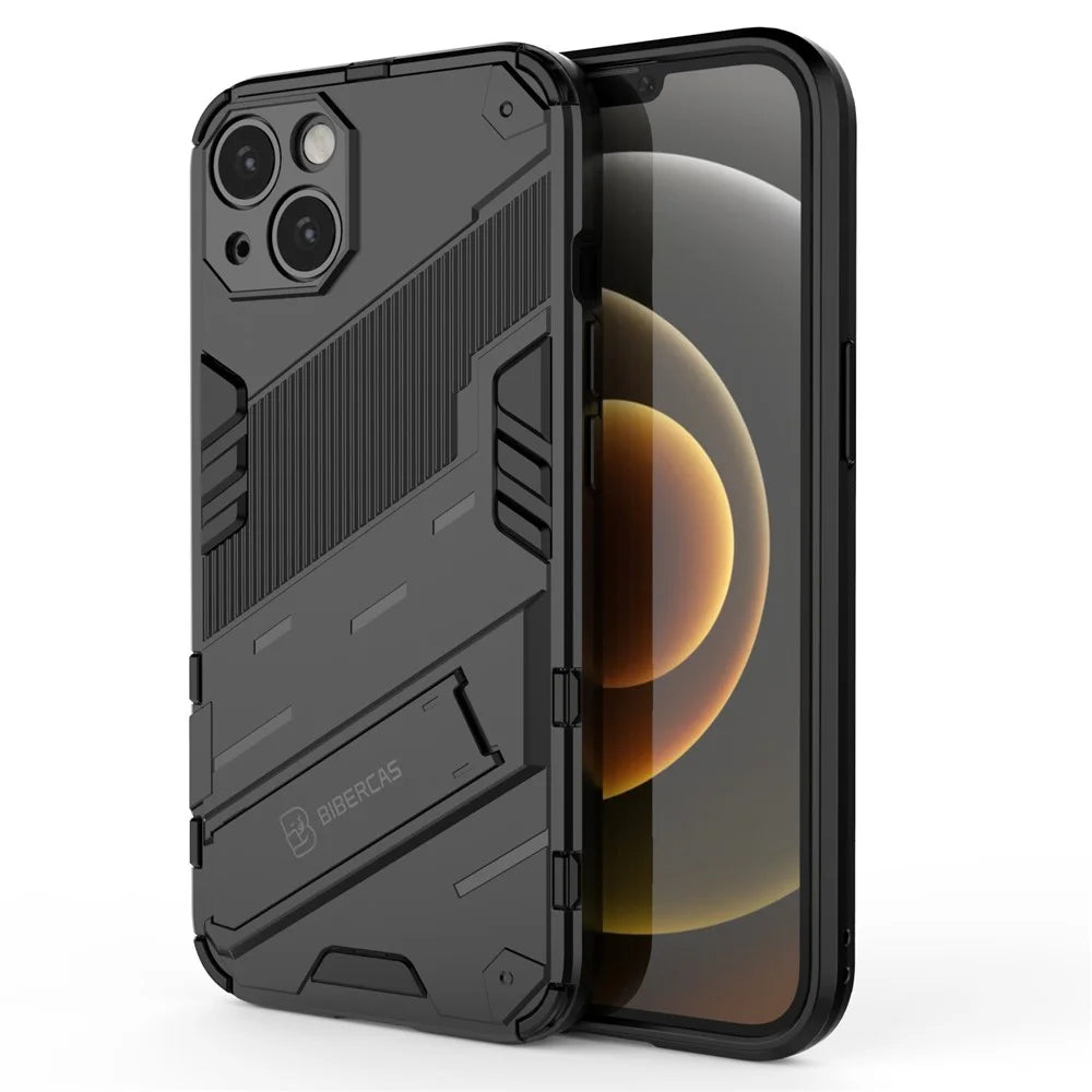 Kickstand Hybrid Dual Layer Hard PC Soft TPU Shockproof Protective Case for iPhone 13 6.1 inch - Black - 2