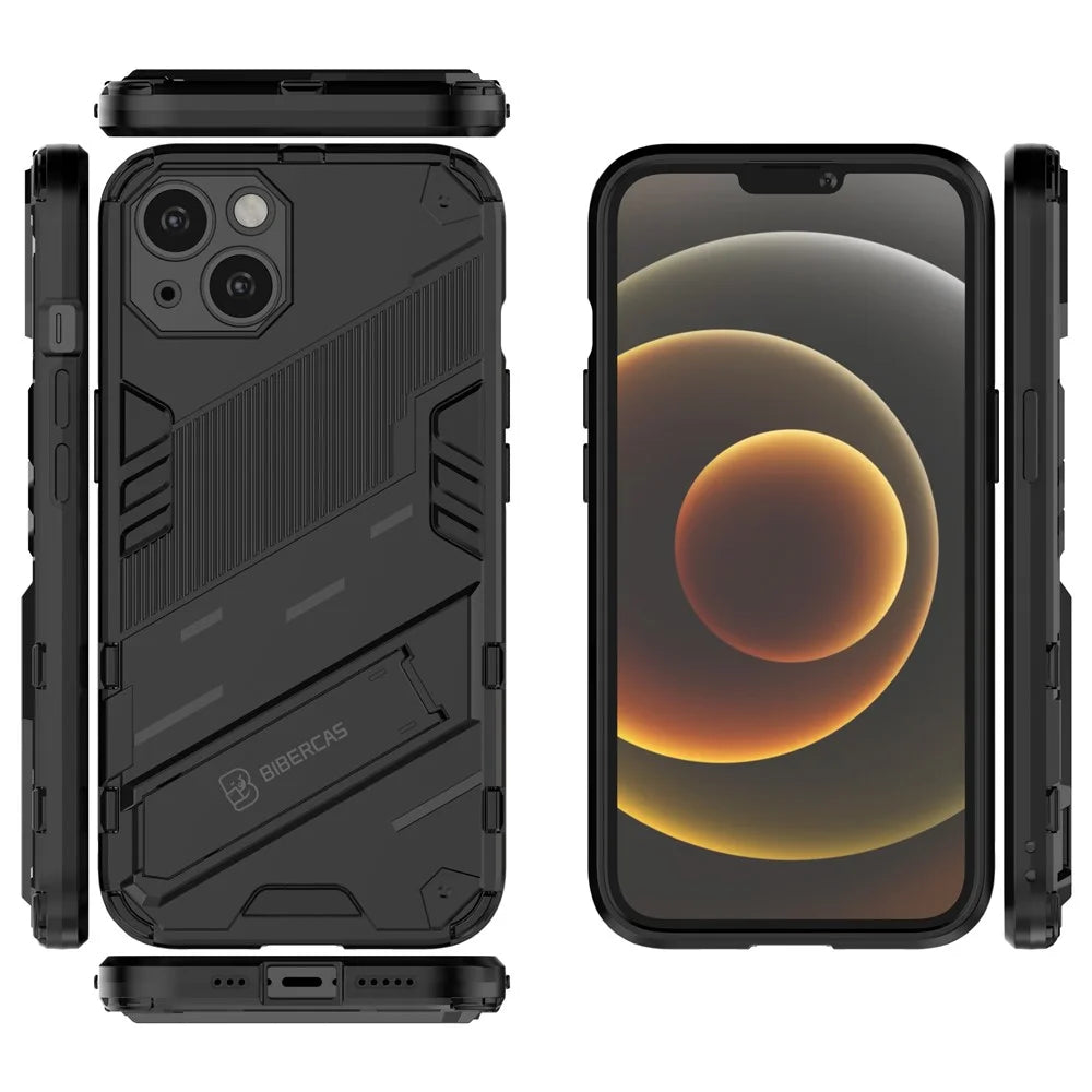 Kickstand Hybrid Dual Layer Hard PC Soft TPU Shockproof Protective Case for iPhone 13 6.1 inch - Black - 6
