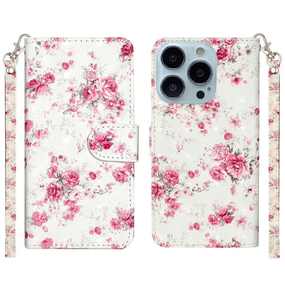 Anti-fall Pattern Printing Wallet Leather Phone Case Cover for iPhone 13 Pro Max 6.7 inch - Rose - 1
