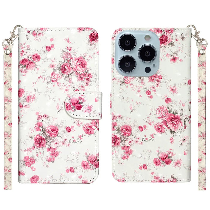 Anti-fall Pattern Printing Wallet Leather Phone Case Cover for iPhone 13 Pro Max 6.7 inch - Rose - 1
