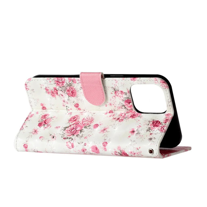 Anti-fall Pattern Printing Wallet Leather Phone Case Cover for iPhone 13 Pro Max 6.7 inch - Rose - 4