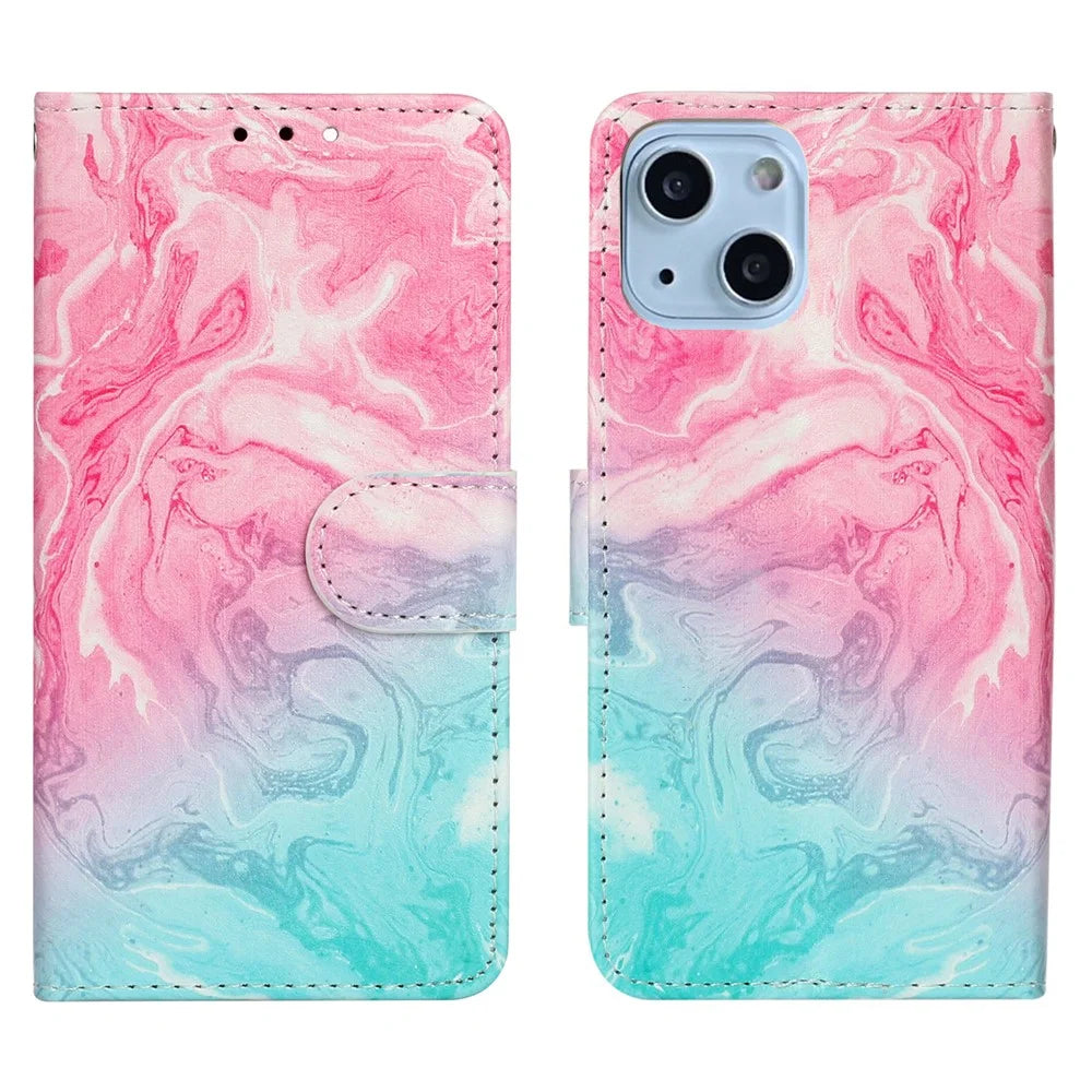 Pattern Printing PU Leather Wallet Design Phone Case Cover for iPhone 13 mini 5.4 inch - Pink Green - 1
