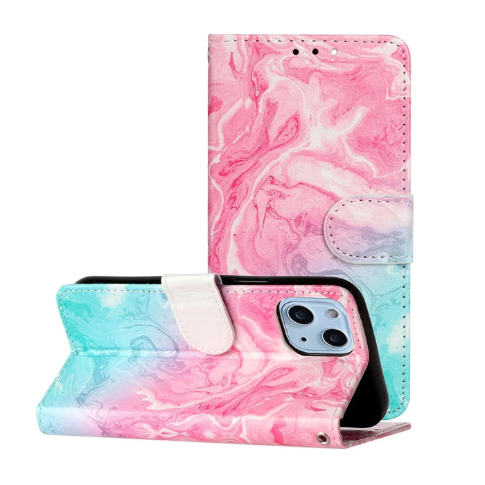 Pattern Printing PU Leather Wallet Design Phone Case Cover for iPhone 13 mini 5.4 inch - Pink Green - 7