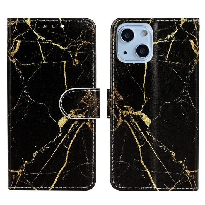 Pattern Printing PU Leather Cell Phone Protector Cover for iPhone 13 6.1 inch - Black Gold - 1