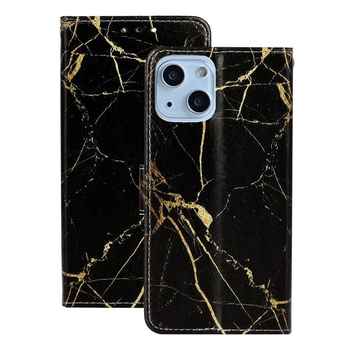Pattern Printing PU Leather Cell Phone Protector Cover for iPhone 13 6.1 inch - Black Gold - 6