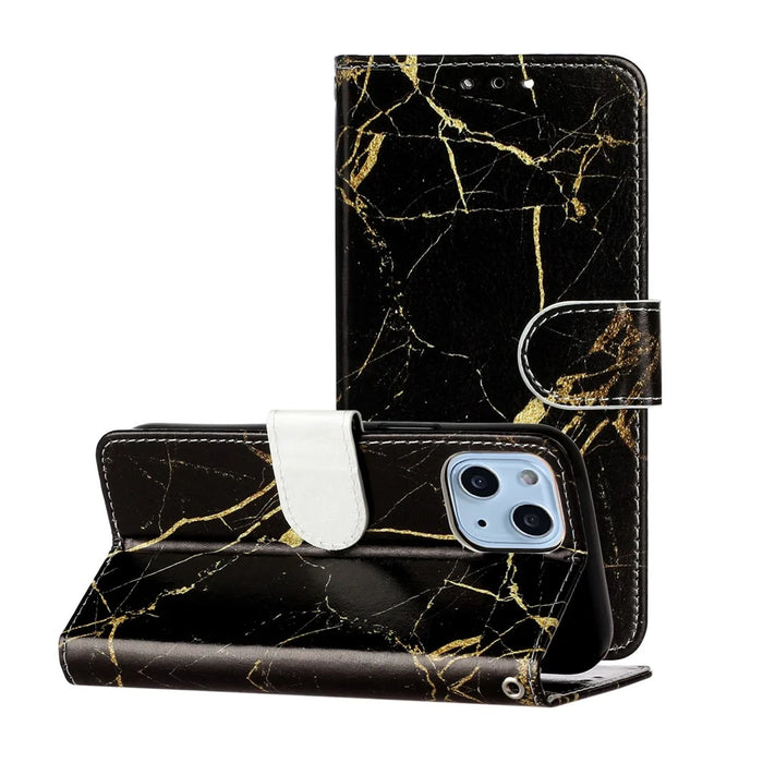 Pattern Printing PU Leather Cell Phone Protector Cover for iPhone 13 6.1 inch - Black Gold - 7