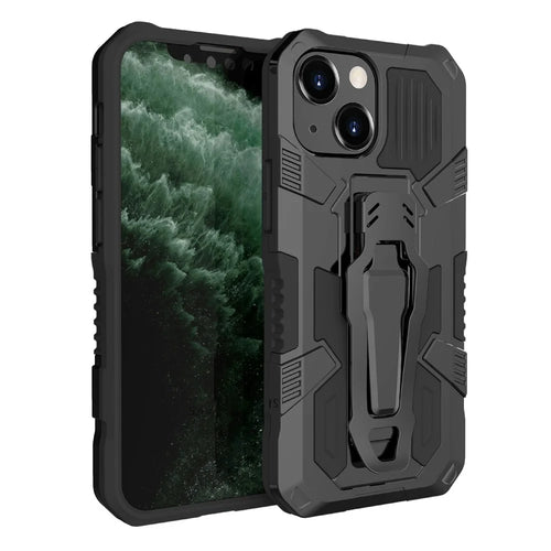 Full Protective Back Clip Kickstand Design Hybrid Phone Case with Metal Sheet for iPhone 13 6.1 inch - Black - 1