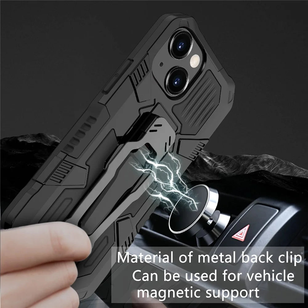 Full Protective Back Clip Kickstand Design Hybrid Phone Case with Metal Sheet for iPhone 13 6.1 inch - Black - 2