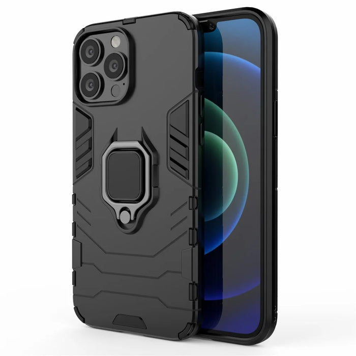 Well-protected 2-in-1 PC TPU Hybrid Cover Case with Ring Holder Kickstand for iPhone 13 Pro Max 6.7 inch - Black - 2