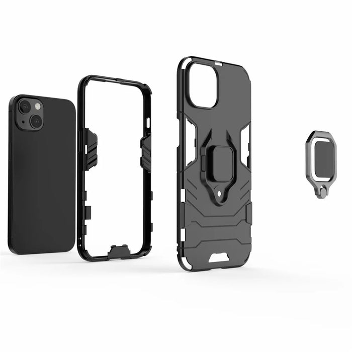 Anti-drop 2-in-1 PC TPU Hybrid Case with Ring Holder Kickstand for iPhone 13 6.1 inch - Black - 7