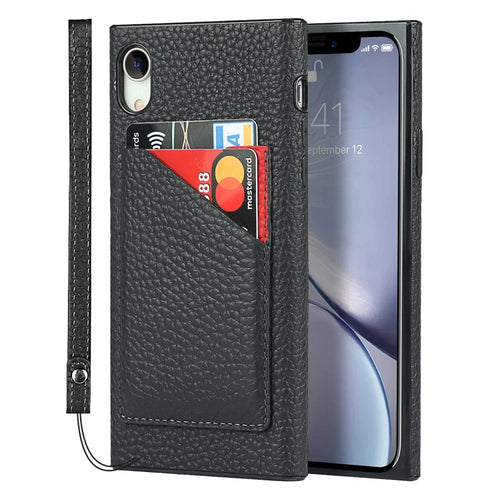 Drop-Proof Litchi Texture Genuine Leather Coated Black TPU Phone Cover with Card Slots for iPhone XR 6.1 inch - Black - 1