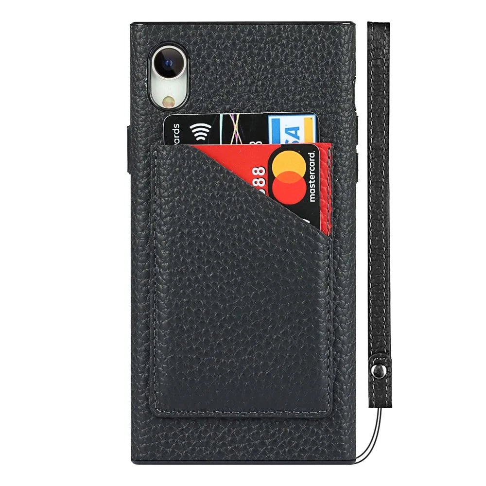 Drop-Proof Litchi Texture Genuine Leather Coated Black TPU Phone Cover with Card Slots for iPhone XR 6.1 inch - Black - 2