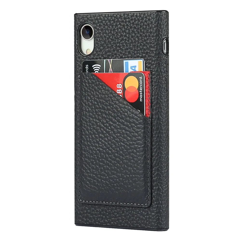 Drop-Proof Litchi Texture Genuine Leather Coated Black TPU Phone Cover with Card Slots for iPhone XR 6.1 inch - Black - 4