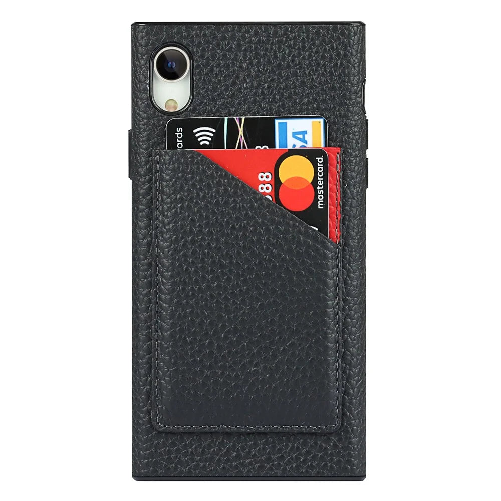 Drop-Proof Litchi Texture Genuine Leather Coated Black TPU Phone Cover with Card Slots for iPhone XR 6.1 inch - Black - 6