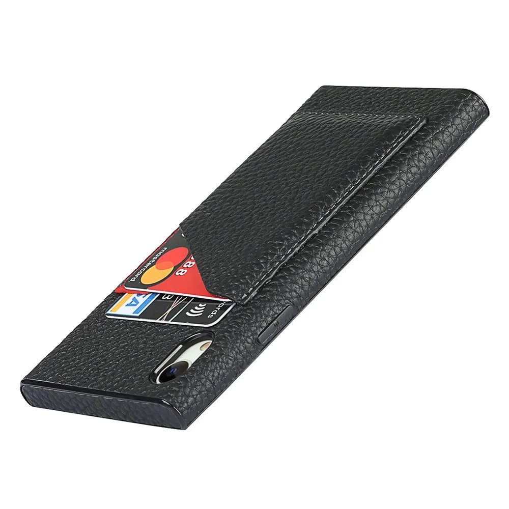Drop-Proof Litchi Texture Genuine Leather Coated Black TPU Phone Cover with Card Slots for iPhone XR 6.1 inch - Black - 7