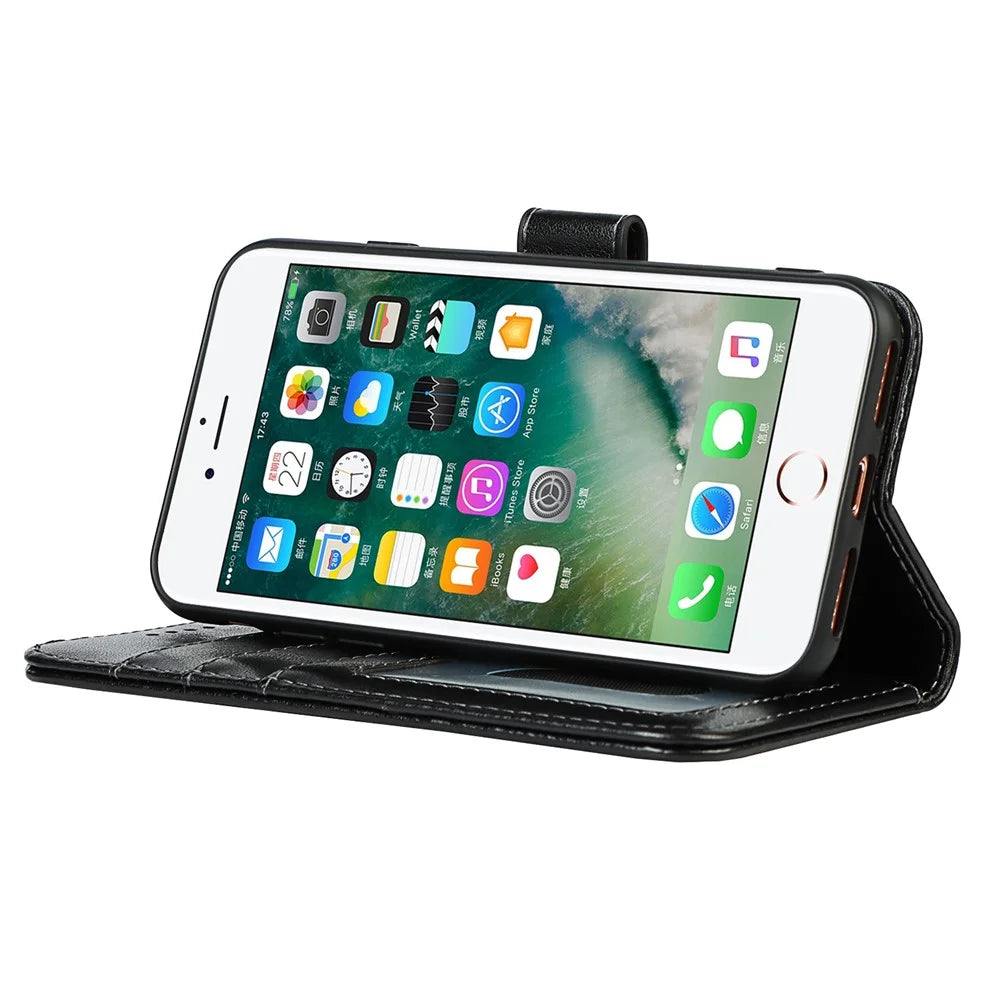 Drop-Proof R61 Texture Felled Seam PU Leather Wallet Mobile Cover Shell for iPhone 7 4.7 inch/8 4.7 inch/SE (2020)/SE (2022) - Black - 4