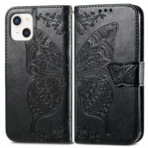 Drop-resistant Big Butterfly Imprinting Leather Wallet Cover with Strap for iPhone 13 6.1 inch - Black - 1