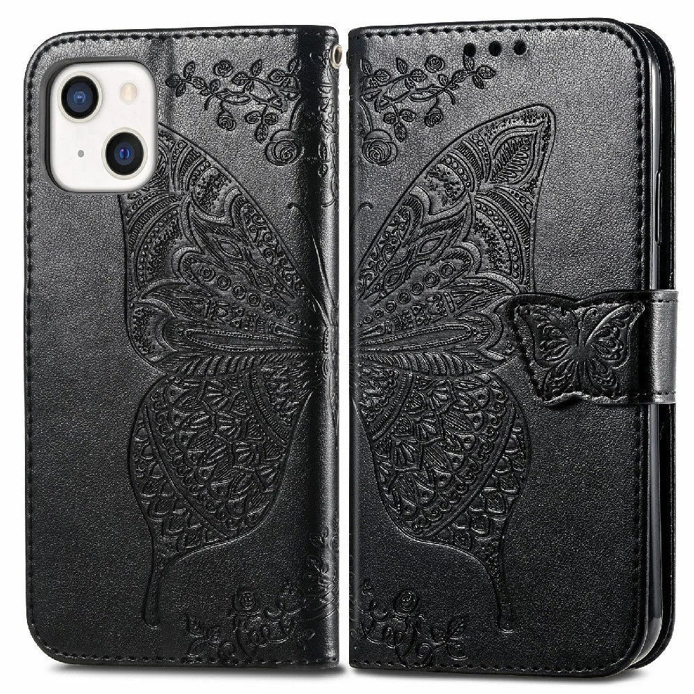 Drop-resistant Big Butterfly Imprinting Leather Wallet Cover with Strap for iPhone 13 6.1 inch - Black - 1