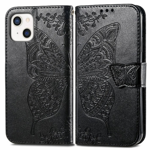 Drop-resistant Big Butterfly Imprinting Leather Wallet Cover with Strap for iPhone 13 6.1 inch - Black - 1