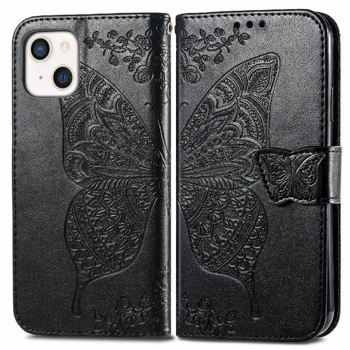 Drop-resistant Big Butterfly Imprinting Leather Wallet Cover with Strap for iPhone 13 6.1 inch - Black - 1