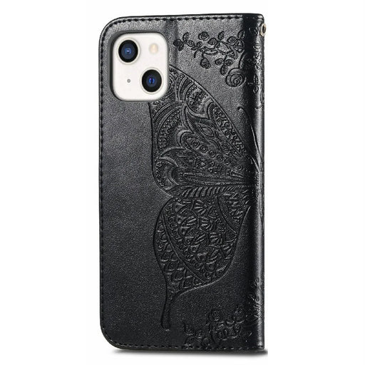 Drop-resistant Big Butterfly Imprinting Leather Wallet Cover with Strap for iPhone 13 6.1 inch - Black - 2