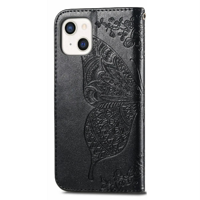 Drop-resistant Big Butterfly Imprinting Leather Wallet Cover with Strap for iPhone 13 6.1 inch - Black - 2