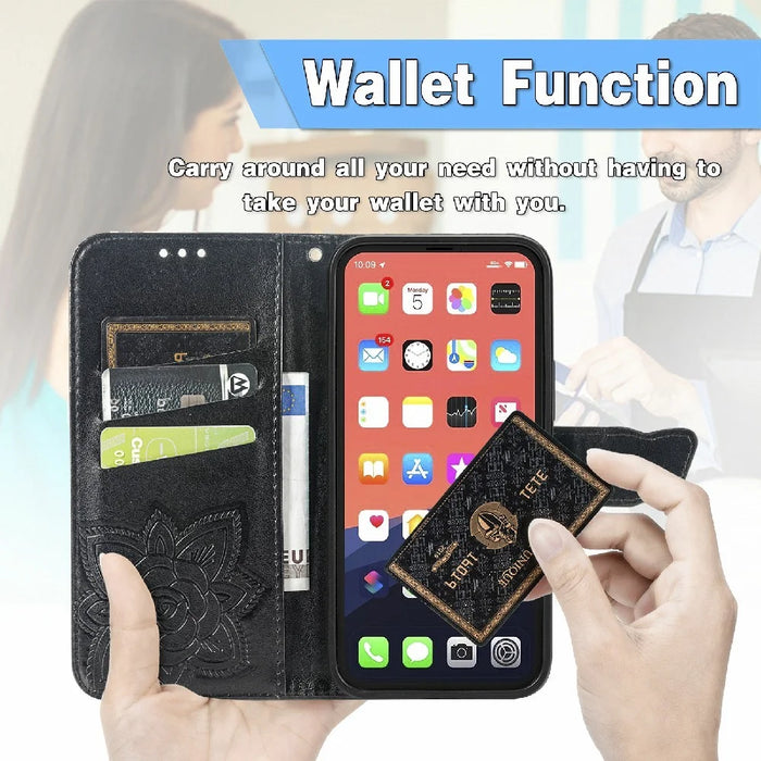 Drop-resistant Big Butterfly Imprinting Leather Wallet Cover with Strap for iPhone 13 6.1 inch - Black - 4