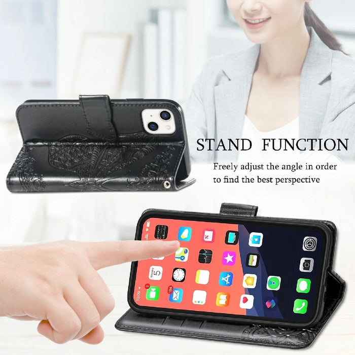 Drop-resistant Big Butterfly Imprinting Leather Wallet Cover with Strap for iPhone 13 6.1 inch - Black - 5