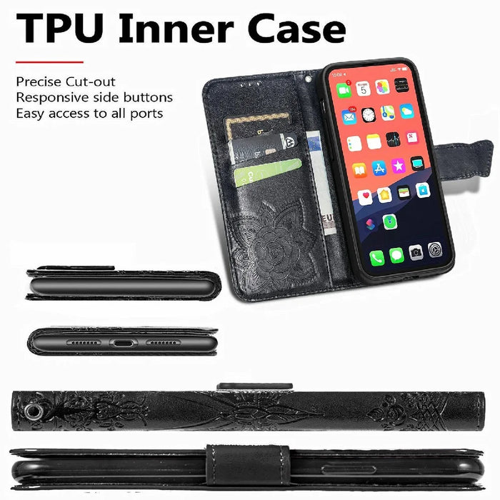 Drop-resistant Big Butterfly Imprinting Leather Wallet Cover with Strap for iPhone 13 6.1 inch - Black - 6
