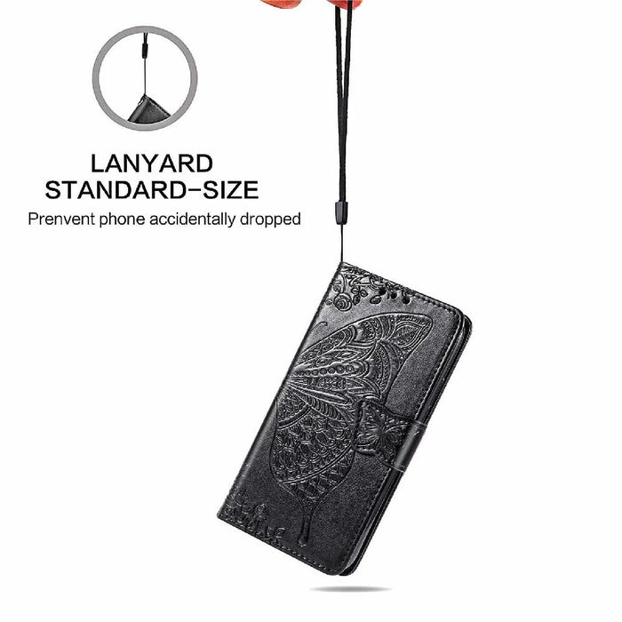 Drop-resistant Big Butterfly Imprinting Leather Wallet Cover with Strap for iPhone 13 6.1 inch - Black - 7