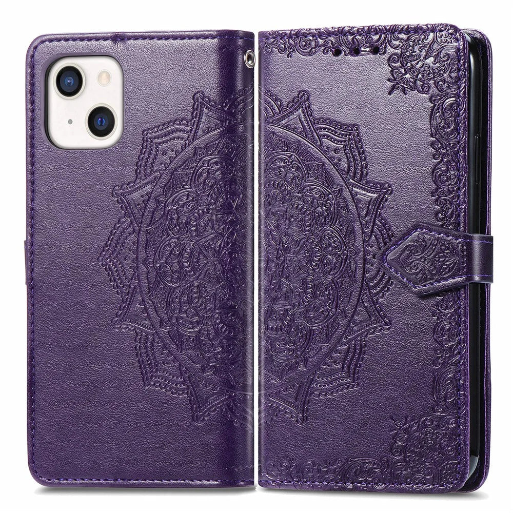 PU Leather Stand Case Wallet Cover with Embossed Mandala Flower for iPhone 13 mini 5.4 inch - Purple - 1