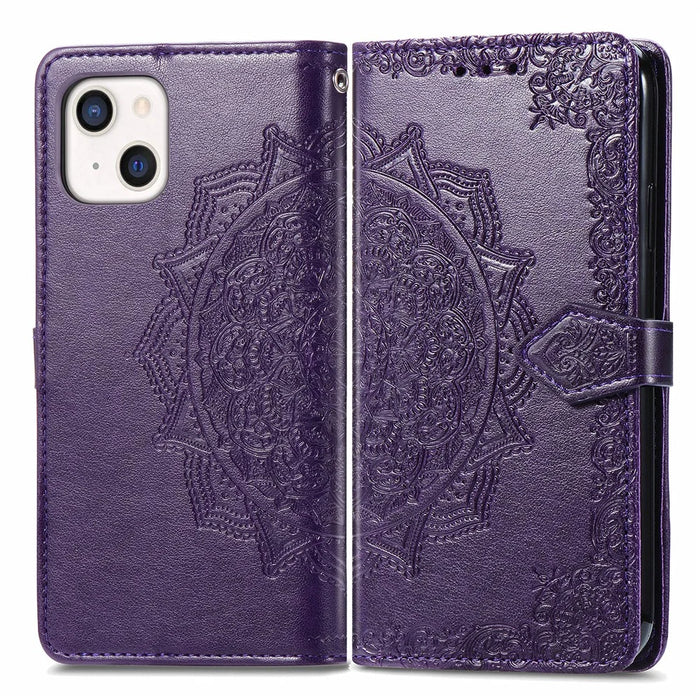 PU Leather Stand Case Wallet Cover with Embossed Mandala Flower for iPhone 13 mini 5.4 inch - Purple - 1