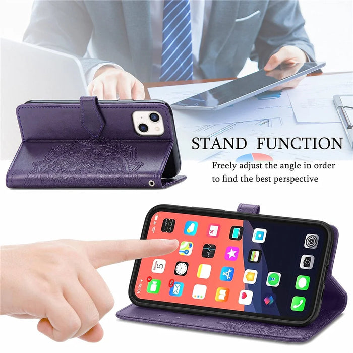 PU Leather Stand Case Wallet Cover with Embossed Mandala Flower for iPhone 13 mini 5.4 inch - Purple - 2