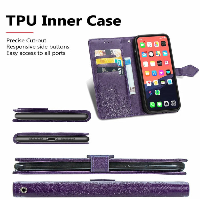 PU Leather Stand Case Wallet Cover with Embossed Mandala Flower for iPhone 13 mini 5.4 inch - Purple - 3