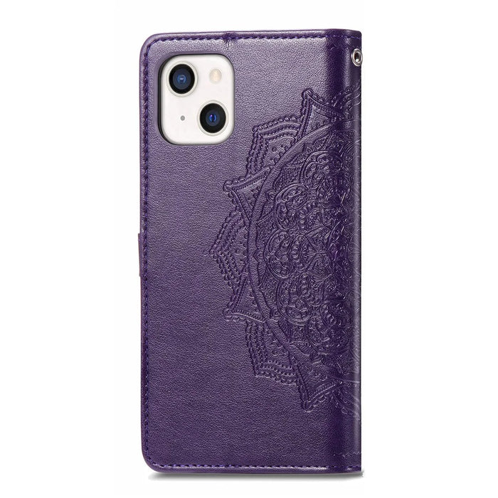 PU Leather Stand Case Wallet Cover with Embossed Mandala Flower for iPhone 13 mini 5.4 inch - Purple - 7