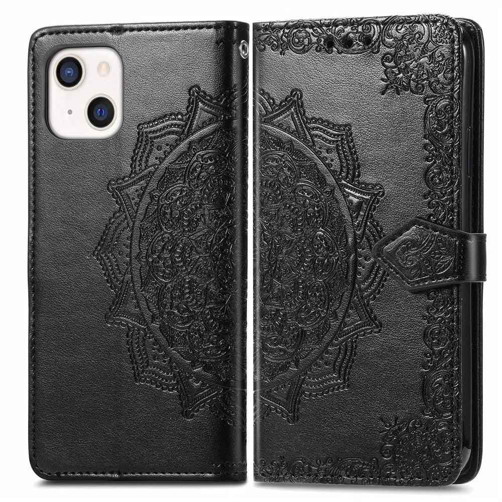 Mandala Flower Embossment Leather Stand Wallet Case Phone Cover for iPhone 13 6.1 inch - Black - 1