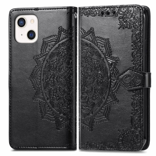 Mandala Flower Embossment Leather Stand Wallet Case Phone Cover for iPhone 13 6.1 inch - Black - 1