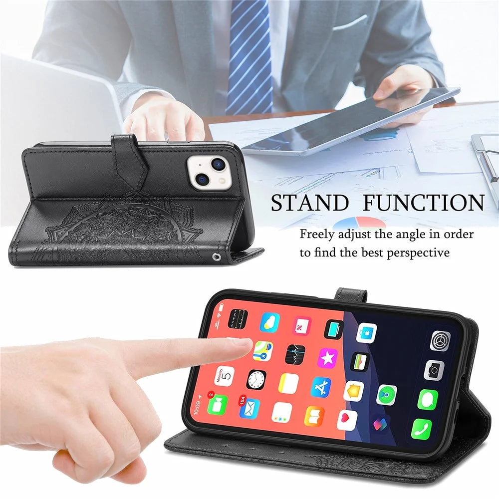 Mandala Flower Embossment Leather Stand Wallet Case Phone Cover for iPhone 13 6.1 inch - Black - 2