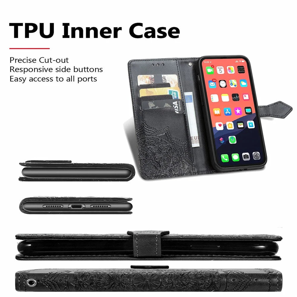 Mandala Flower Embossment Leather Stand Wallet Case Phone Cover for iPhone 13 6.1 inch - Black - 3