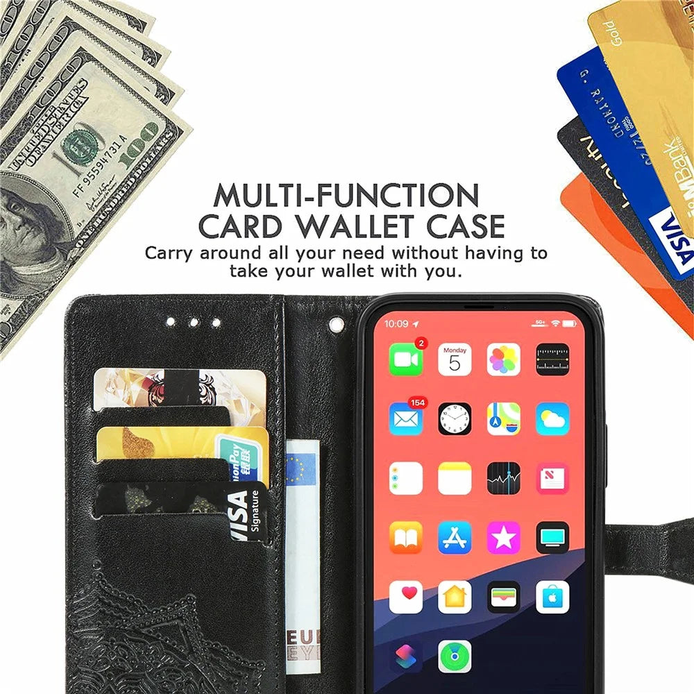 Mandala Flower Embossment Leather Stand Wallet Case Phone Cover for iPhone 13 6.1 inch - Black - 5