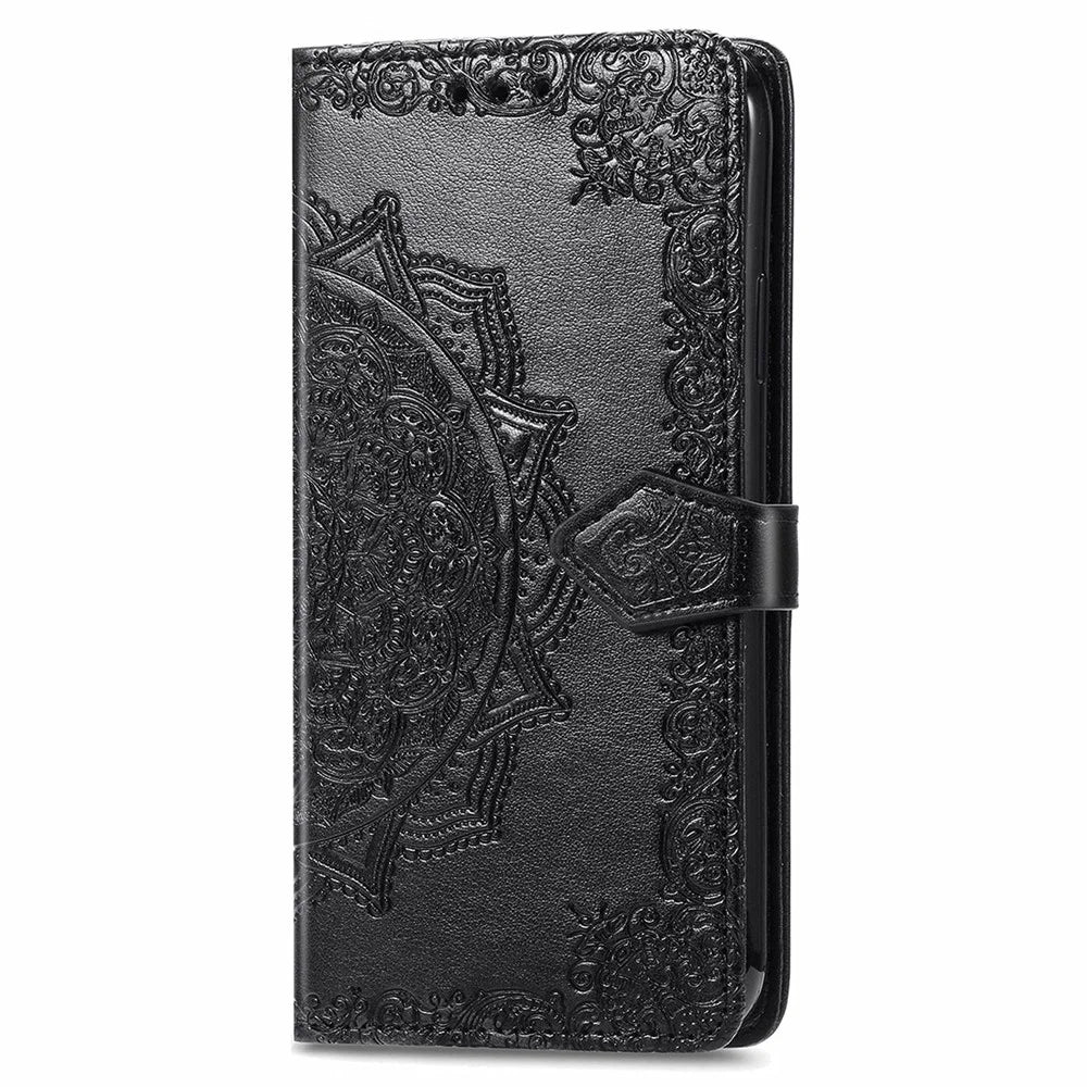Mandala Flower Embossment Leather Stand Wallet Case Phone Cover for iPhone 13 6.1 inch - Black - 6
