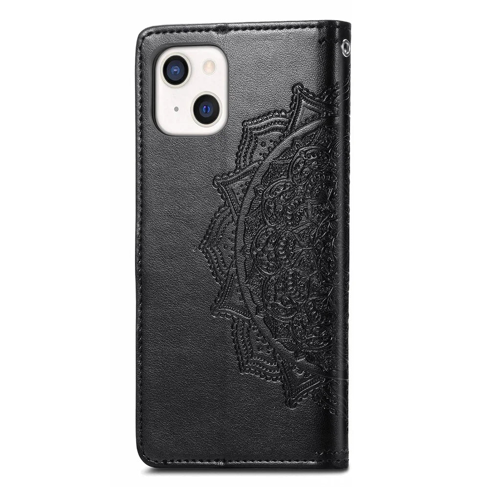 Mandala Flower Embossment Leather Stand Wallet Case Phone Cover for iPhone 13 6.1 inch - Black - 7