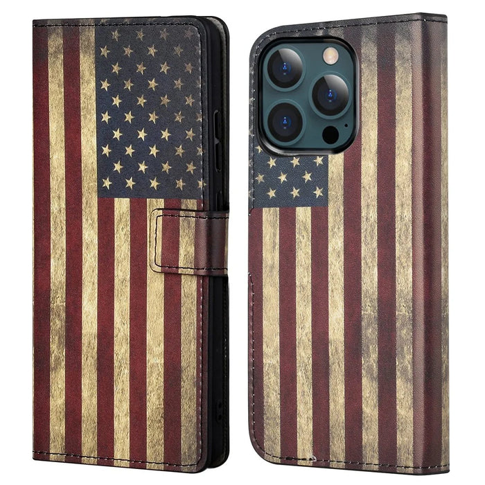 Stand Feature Pattern Printing Premium PU Leather Wallet Flip Protective Cover for iPhone 13 Pro Max 6.7 inch - The American Flag - 1