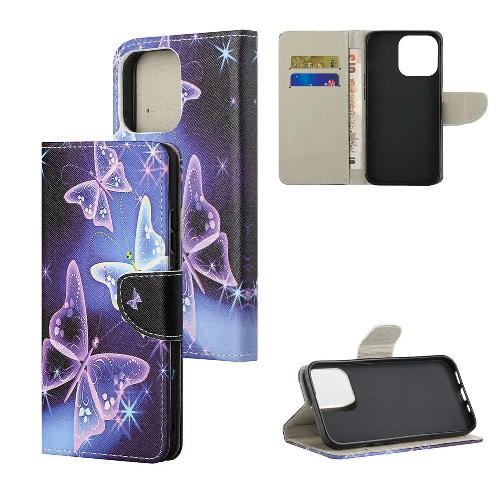 Pattern Printing Cross Texture Leather Wallet Stand Case for iPhone 13 Pro Max - Vivid Butterfly - 7